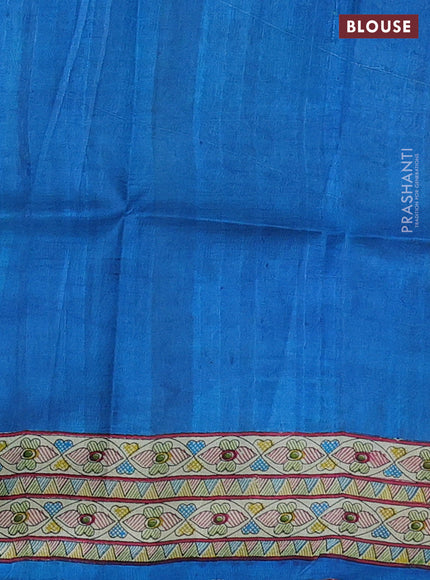 Tussar madhubani printed silk saree cs blue and cream with butta prints and piping border