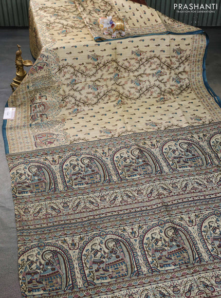 Tussar madhubani printed silk saree cream and peacock blue with allover prints and piping border