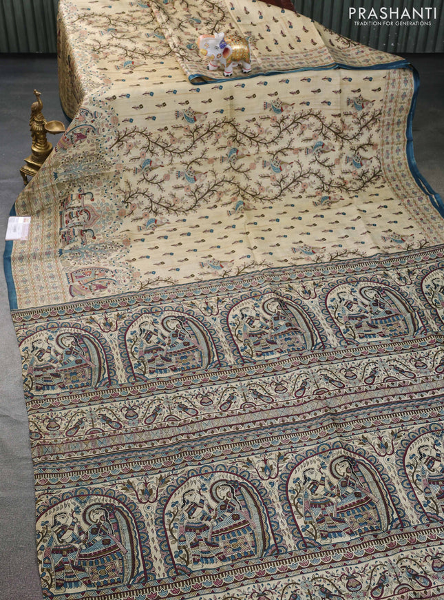 Tussar madhubani printed silk saree cream and peacock blue with allover prints and piping border