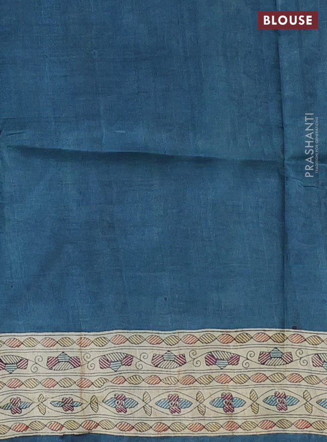 Tussar madhubani printed silk saree cream and peacock blue with allover prints and piping border