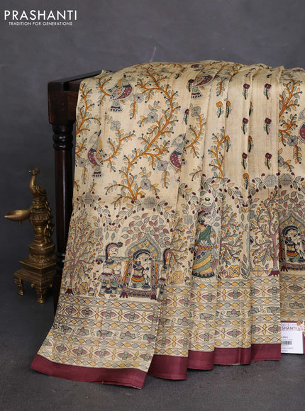 Tussar madhubani printed silk saree cream and deep maroon with allover prints and piping border