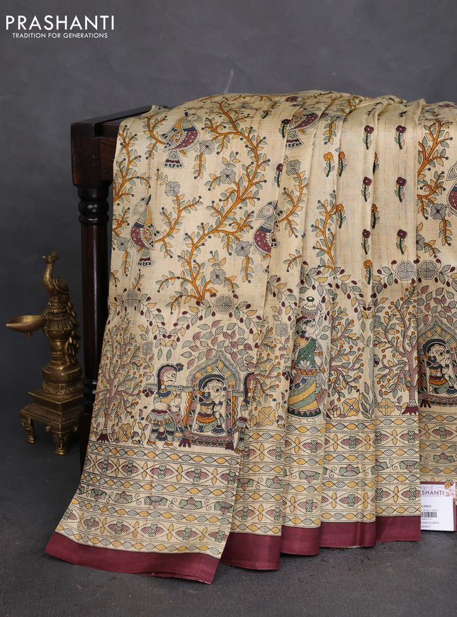 Tussar madhubani printed silk saree cream and deep maroon with allover prints and piping border