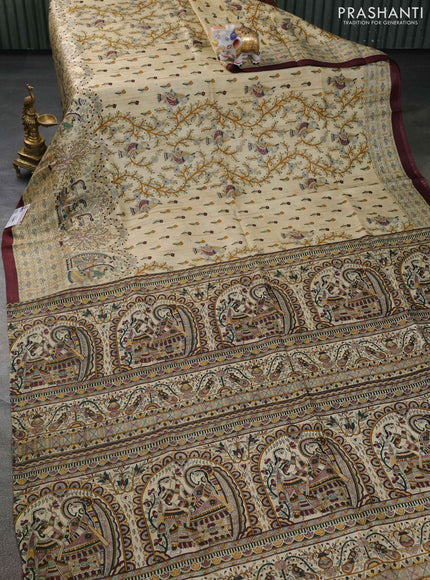 Tussar madhubani printed silk saree cream and deep maroon with allover prints and piping border