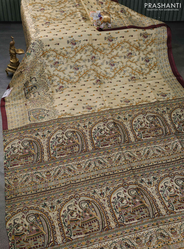 Tussar madhubani printed silk saree cream and deep maroon with allover prints and piping border
