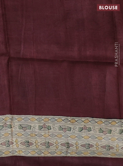 Tussar madhubani printed silk saree cream and deep maroon with allover prints and piping border