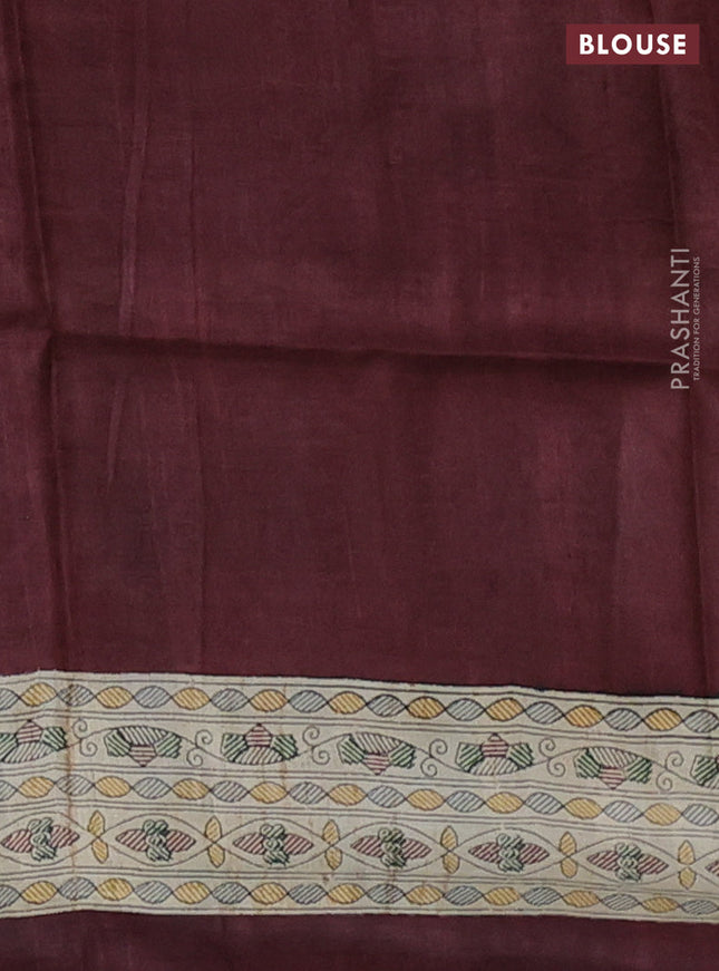 Tussar madhubani printed silk saree cream and deep maroon with allover prints and piping border