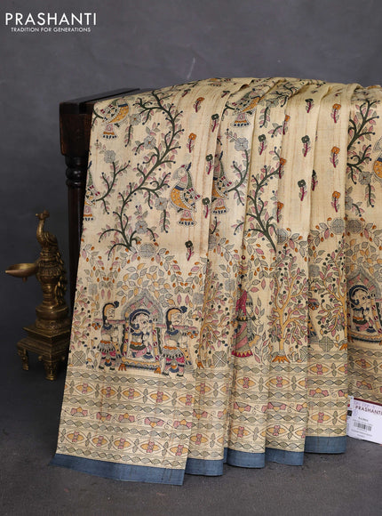 Tussar madhubani printed silk saree cream and bluish grey with allover prints and piping border