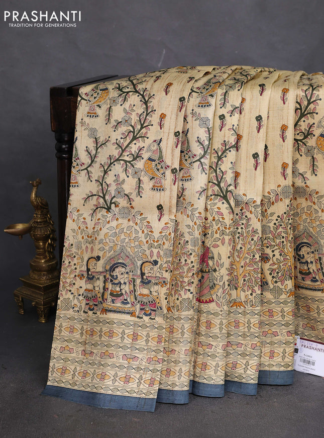Tussar madhubani printed silk saree cream and bluish grey with allover prints and piping border
