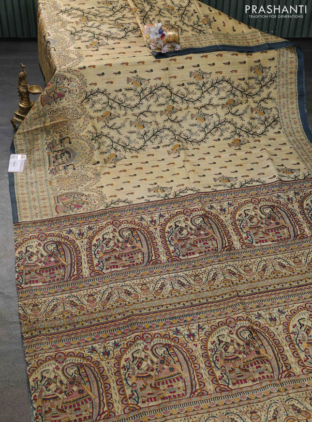 Tussar madhubani printed silk saree cream and bluish grey with allover prints and piping border