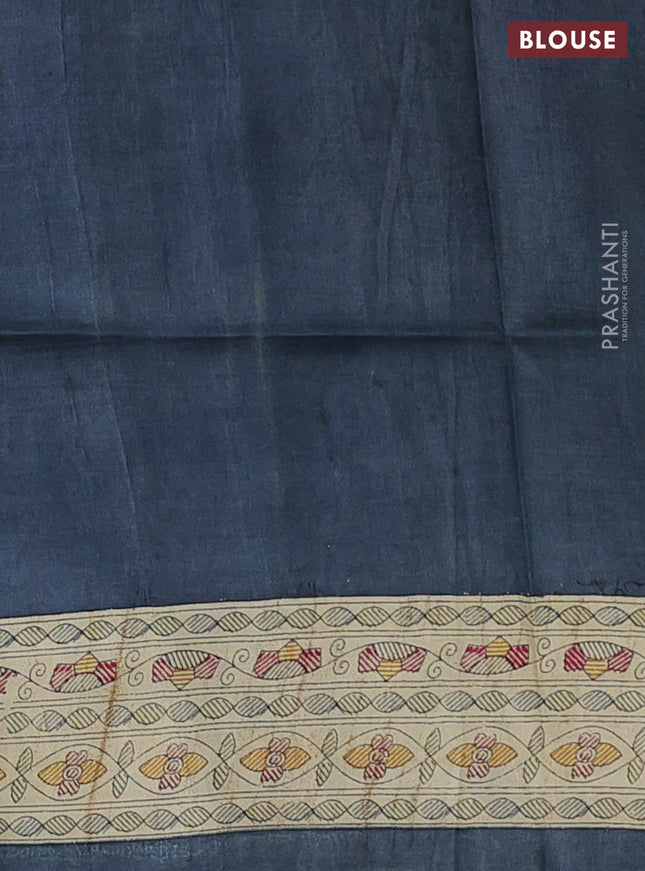 Tussar madhubani printed silk saree cream and bluish grey with allover prints and piping border