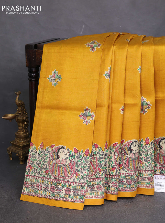 Tussar madhubani printed silk saree msutard yellow and cream with butta prints and printed border