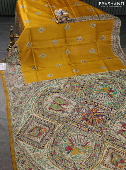 Tussar madhubani printed silk saree msutard yellow and cream with butta prints and printed border
