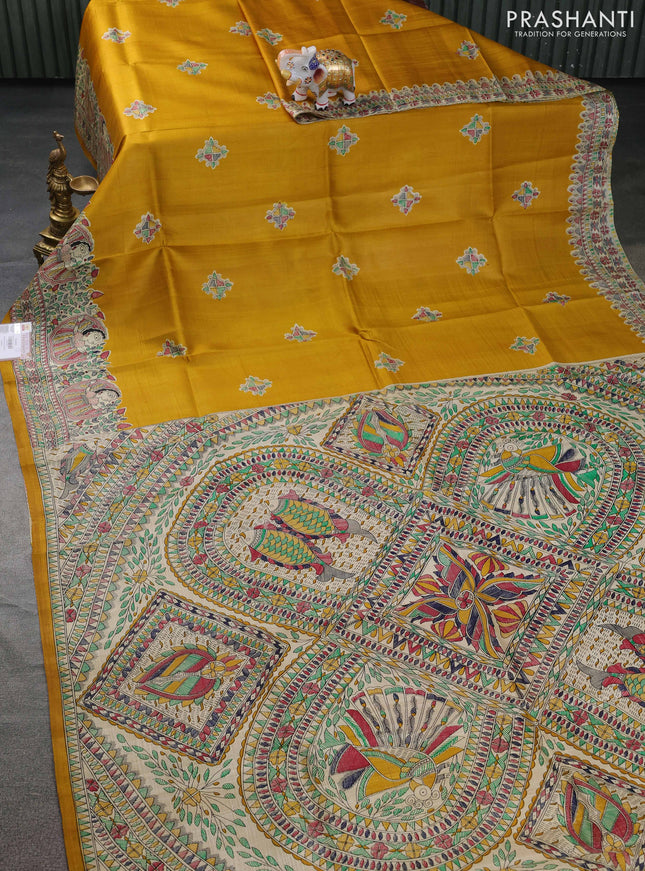 Tussar madhubani printed silk saree msutard yellow and cream with butta prints and printed border