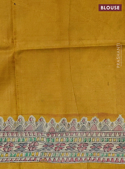 Tussar madhubani printed silk saree msutard yellow and cream with butta prints and printed border