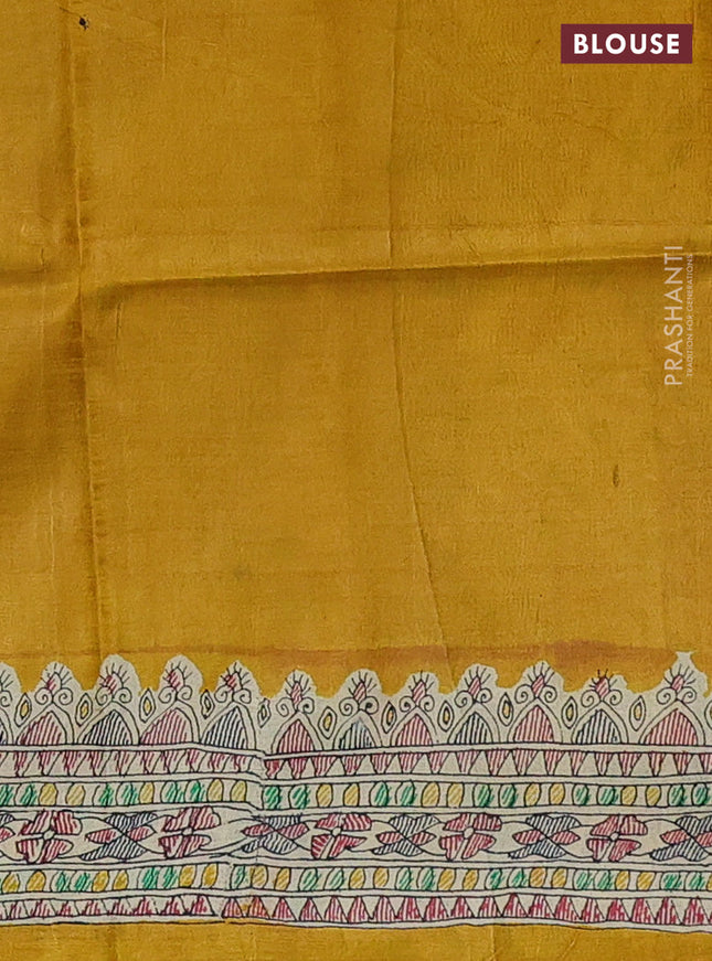 Tussar madhubani printed silk saree msutard yellow and cream with butta prints and printed border
