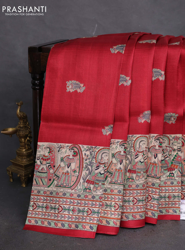 Tussar madhubani printed silk saree maroon and cream with butta prints and printed border