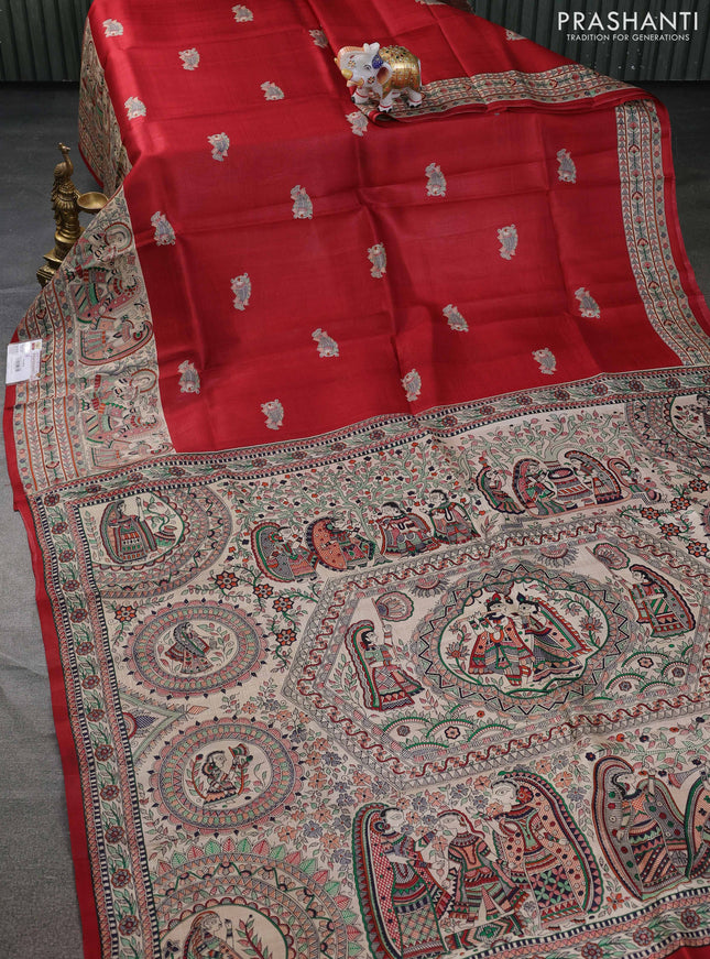 Tussar madhubani printed silk saree maroon and cream with butta prints and printed border