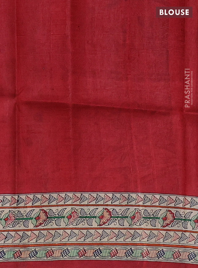 Tussar madhubani printed silk saree maroon and cream with butta prints and printed border