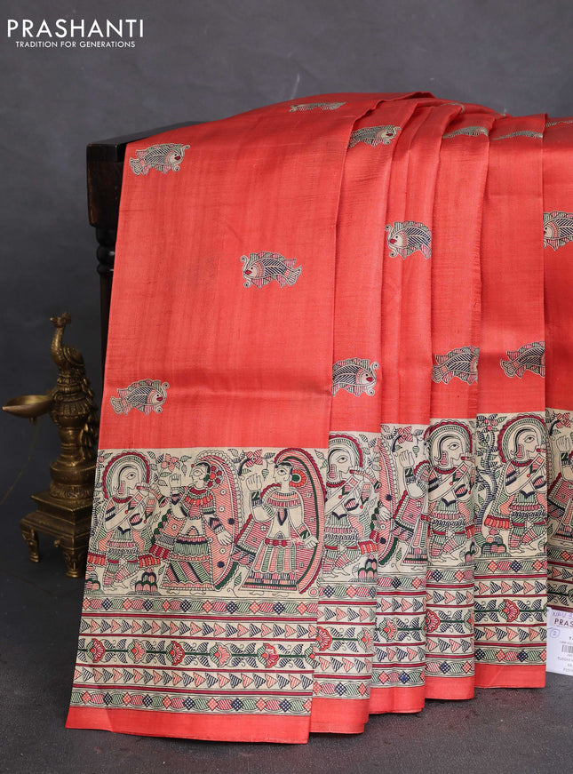 Tussar madhubani printed silk saree orange and cream with butta prints and printed border