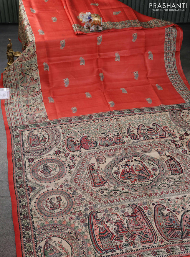 Tussar madhubani printed silk saree orange and cream with butta prints and printed border