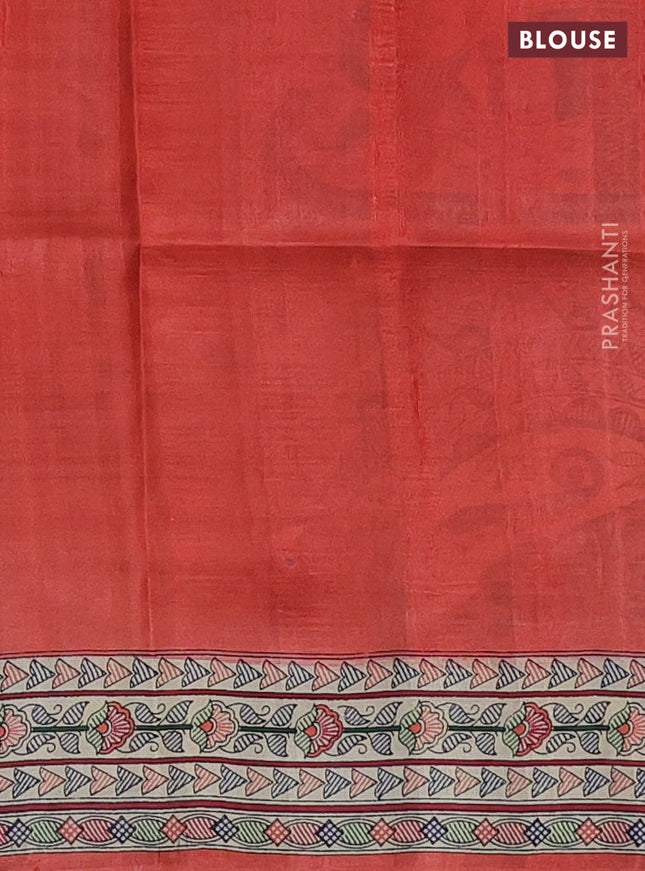 Tussar madhubani printed silk saree orange and cream with butta prints and printed border
