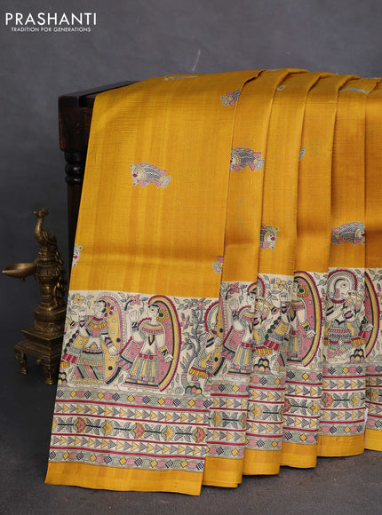 Tussar madhubani printed silk saree mustard yellow and cream with butta prints and printed border