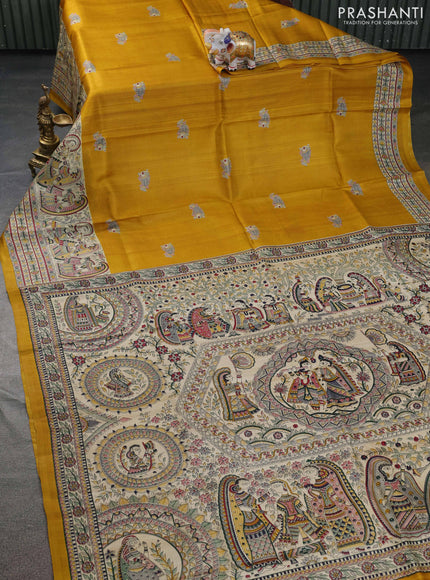 Tussar madhubani printed silk saree mustard yellow and cream with butta prints and printed border
