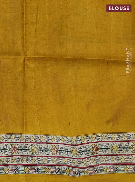 Tussar madhubani printed silk saree mustard yellow and cream with butta prints and printed border