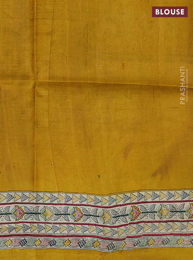 Tussar madhubani printed silk saree mustard yellow and cream with butta prints and printed border
