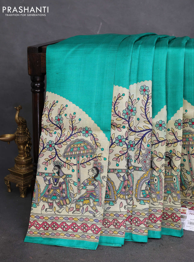 Tussar madhubani printed silk saree teal green and cream with plain body and printed border
