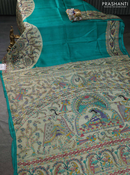 Tussar madhubani printed silk saree teal green and cream with plain body and printed border