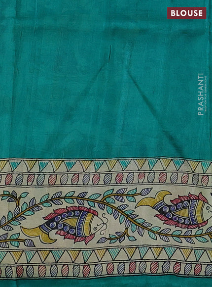 Tussar madhubani printed silk saree teal green and cream with plain body and printed border