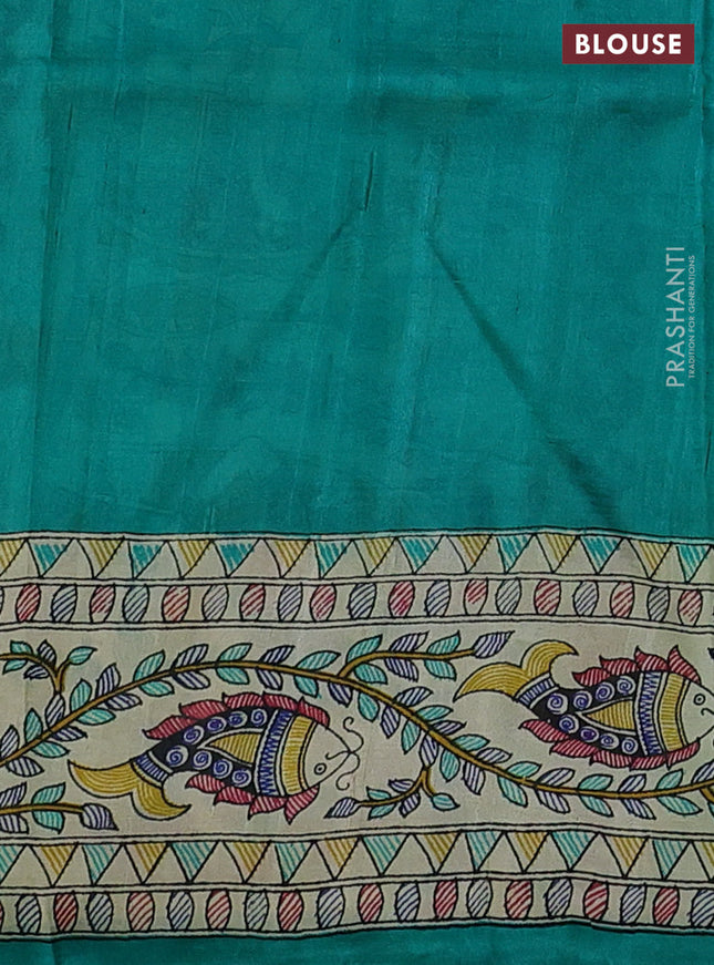 Tussar madhubani printed silk saree teal green and cream with plain body and printed border