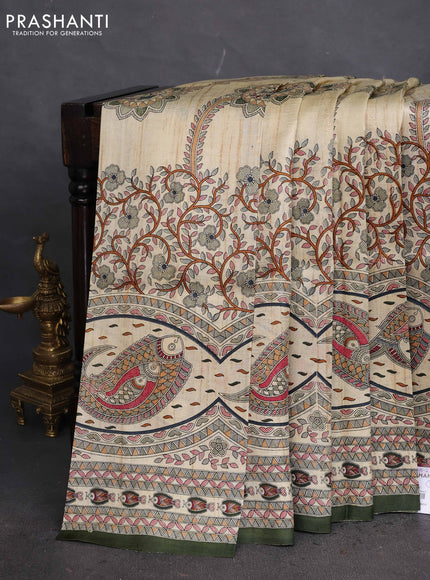 Tussar madhubani printed silk saree cream and sap green with allover prints and piping border