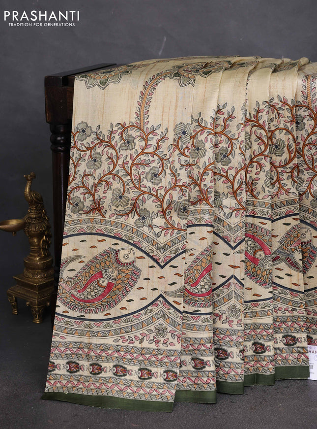 Tussar madhubani printed silk saree cream and sap green with allover prints and piping border