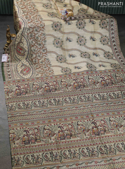 Tussar madhubani printed silk saree cream and sap green with allover prints and piping border