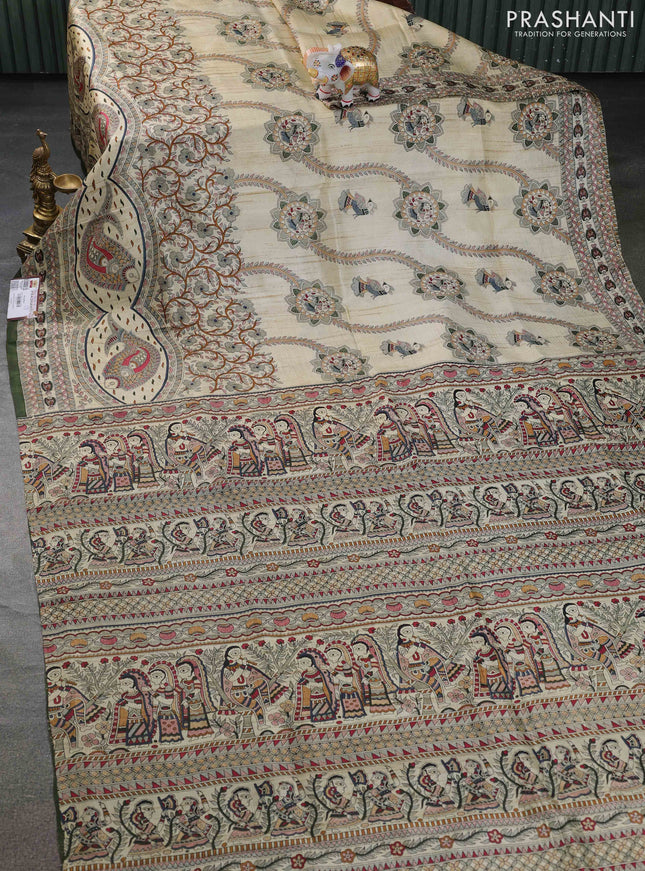 Tussar madhubani printed silk saree cream and sap green with allover prints and piping border