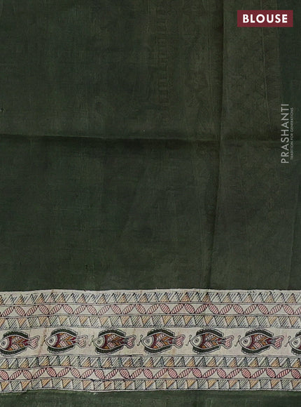 Tussar madhubani printed silk saree cream and sap green with allover prints and piping border