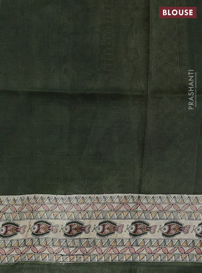 Tussar madhubani printed silk saree cream and sap green with allover prints and piping border