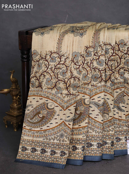 Tussar madhubani printed silk saree cream and bluish grey with allover prints and piping border