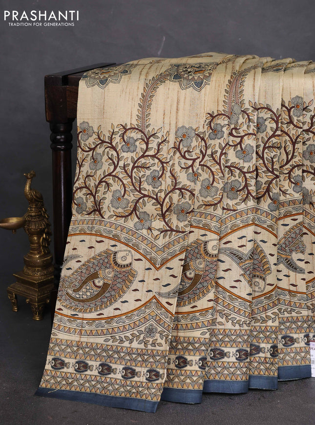 Tussar madhubani printed silk saree cream and bluish grey with allover prints and piping border