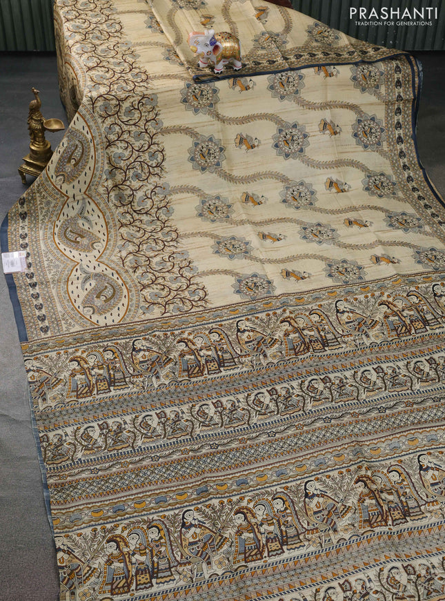 Tussar madhubani printed silk saree cream and bluish grey with allover prints and piping border