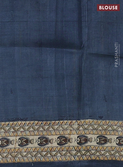 Tussar madhubani printed silk saree cream and bluish grey with allover prints and piping border
