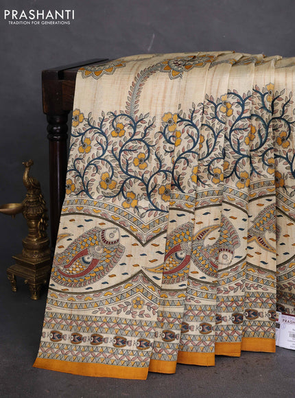 Tussar madhubani printed silk saree cream and mustard yellow with allover prints and piping border