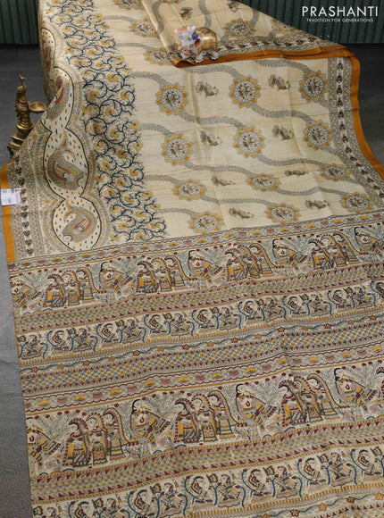 Tussar madhubani printed silk saree cream and mustard yellow with allover prints and piping border
