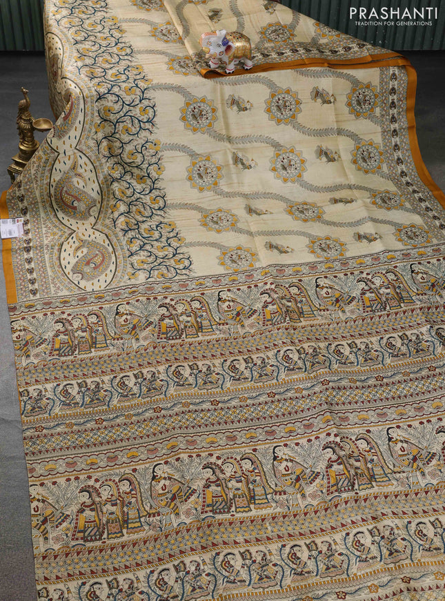 Tussar madhubani printed silk saree cream and mustard yellow with allover prints and piping border