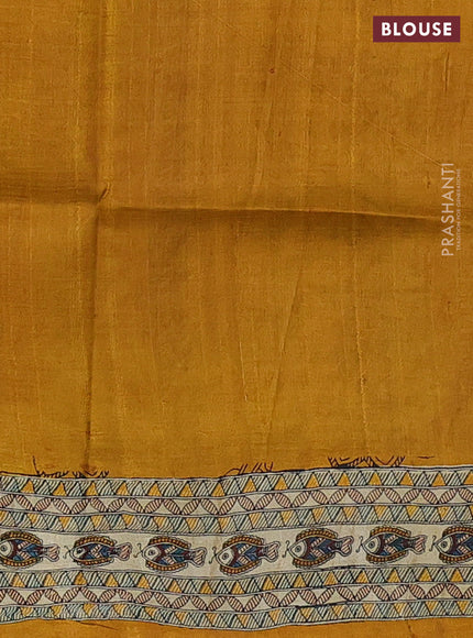 Tussar madhubani printed silk saree cream and mustard yellow with allover prints and piping border
