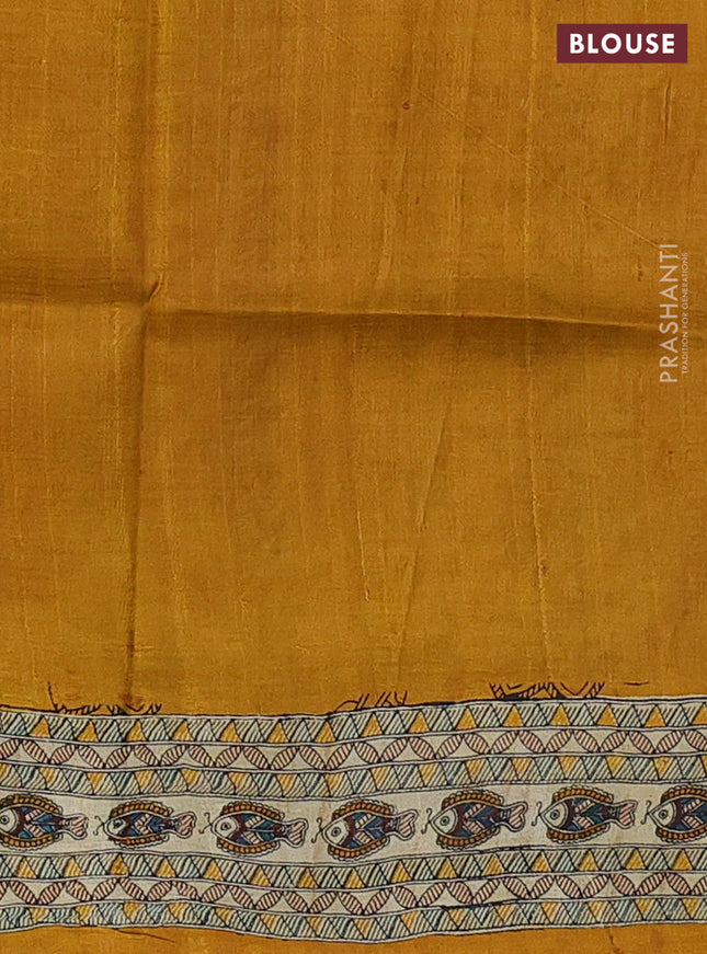 Tussar madhubani printed silk saree cream and mustard yellow with allover prints and piping border