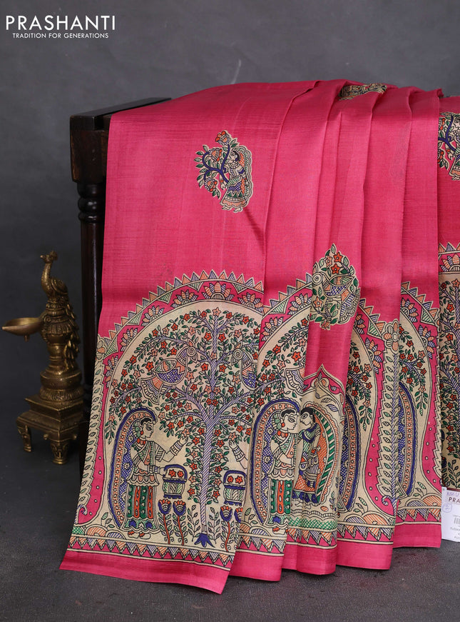 Tussar madhubani printed silk saree pink and cream with butta prints and printed border