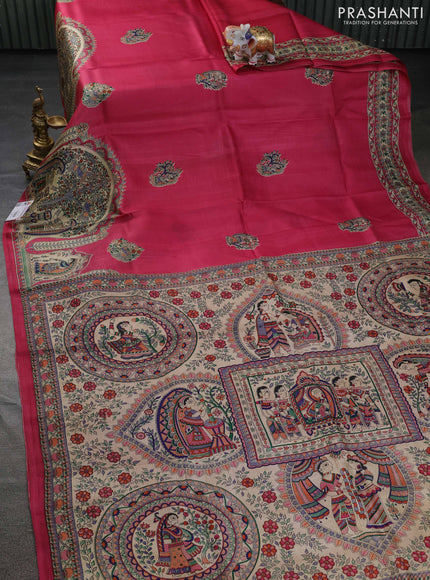 Tussar madhubani printed silk saree pink and cream with butta prints and printed border